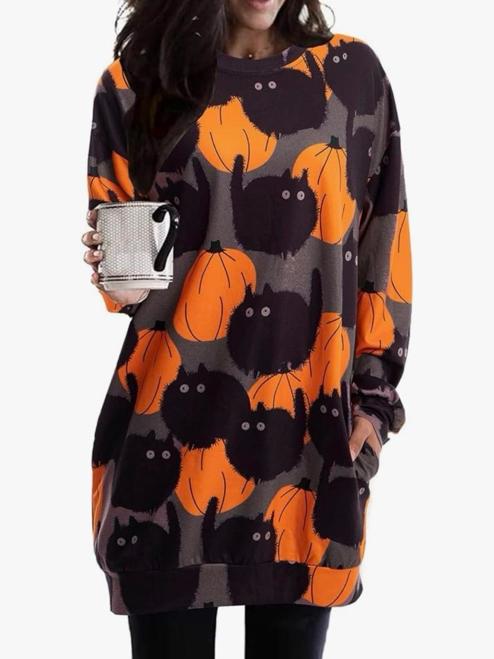 Halloween Cat & Pumpkin Print Long Sleeve Tunic - Orange Black L